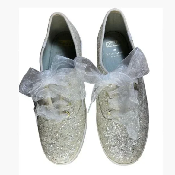 Keds by Kate Spade Champion Glitter Sneakers White Sheer Ribbon Laces Size 7 EUC - Picture 2 of 12